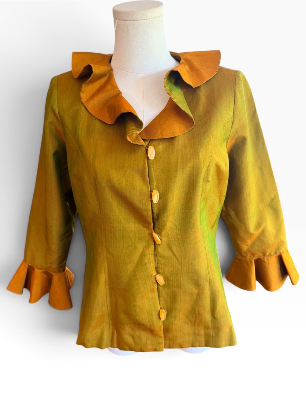 Vintage Iridescent Chartreuse Copper Ruffle Blouse Art to Wear S/M